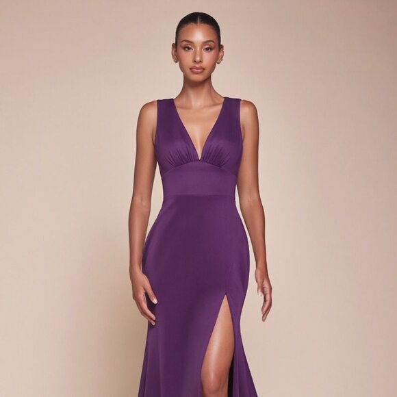 NEW FORMAL MAXI SLEEVELESS SHEATH SOLID V-NECK DRESS W/ HIGH LEG SLIT CD CH395 - Picture 3 of 6
